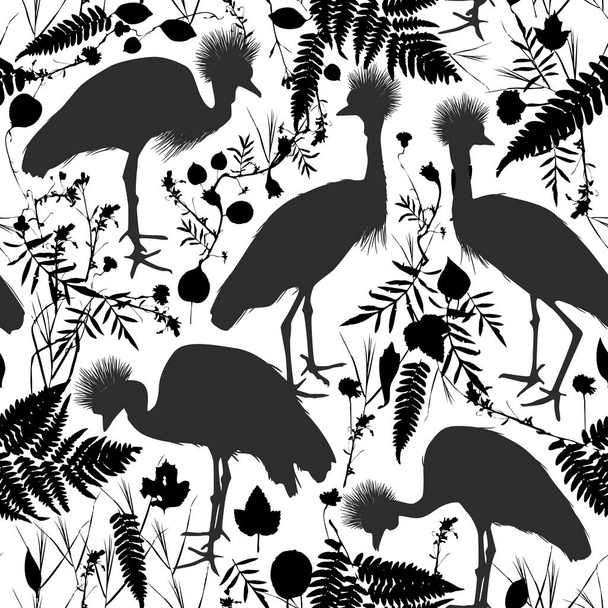 seamless pattern Grey crowned crane, Black crowned crane with grass and flowers black silhouette isolated on white background for site, blog, fabric. Vector illustration - Vetor, Imagem