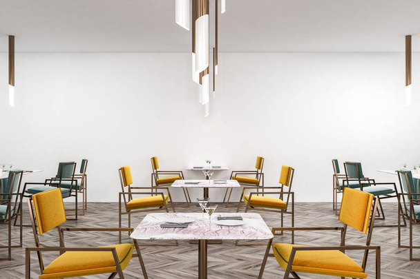 Interior of restaurant with white walls, wooden floor, yellow and green chairs near square tables. 3d rendering - Foto, imagen