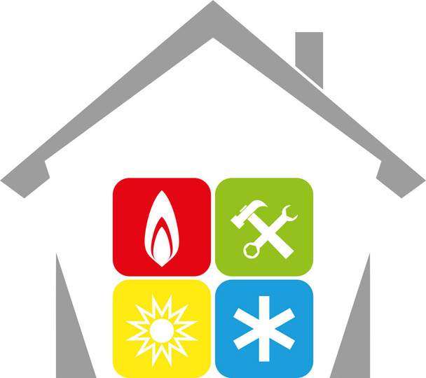 Casa, sol, nieve, llama, instalador, fondo
 - Vector, Imagen