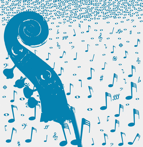 Doub; e cabezal bajo y clavijas sobre un fondo de póster de notación de música azul
 - Foto, imagen