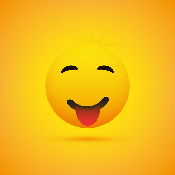 Smiling Emoji Face With Tongue - Simple Happy Emoticon on Yellow Background - Vector Design Illustration - Vektör, Görsel