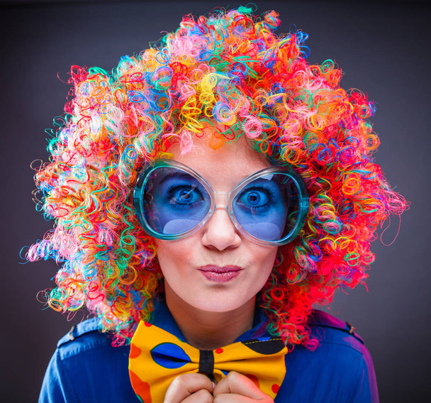 Portrait of beautiful party woman in wig and  glasses (Carneval) - Фото, изображение