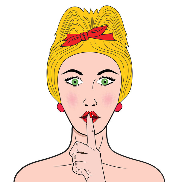 Pop art top secret girl. Young sexy blonde woman holds index finger at the mouth on white - Vector, Image