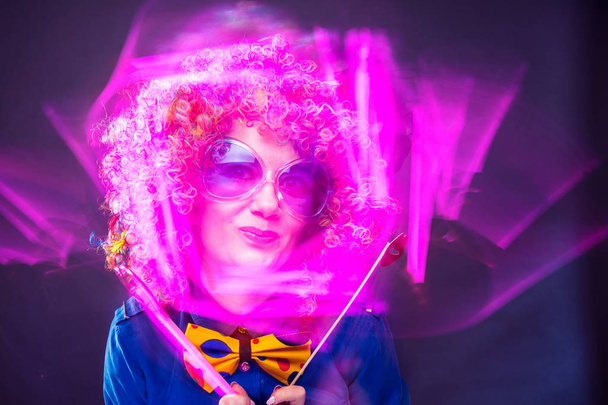 Portrait of beautiful party woman in wig and  glasses (Carneval) - 写真・画像