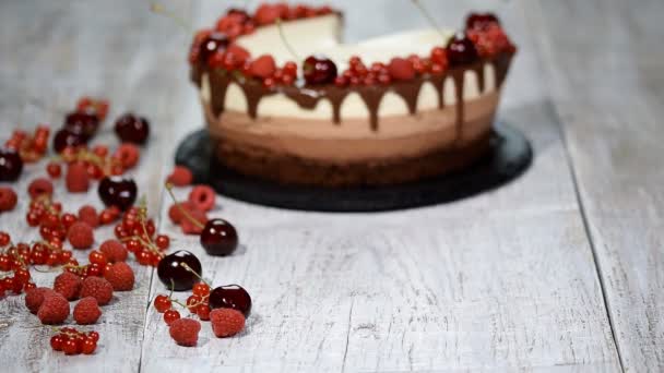 Piece of delicious three chocolate mousse cake decorated with fresh berry. - Footage, Video
