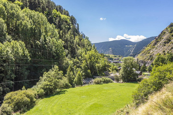 Глубокая долина с горными склонами, измученными сосновыми лесами в Пиренеях. Андорра-Европа
 - Фото, изображение