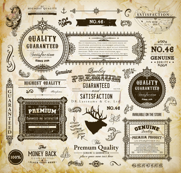 Vector set of calligraphic design elements: page decoration, Premium Quality and Satisfaction Guarantee Label, antique and baroque frames Old paper texture with dirty footprints of a cup of coffee. - Вектор,изображение