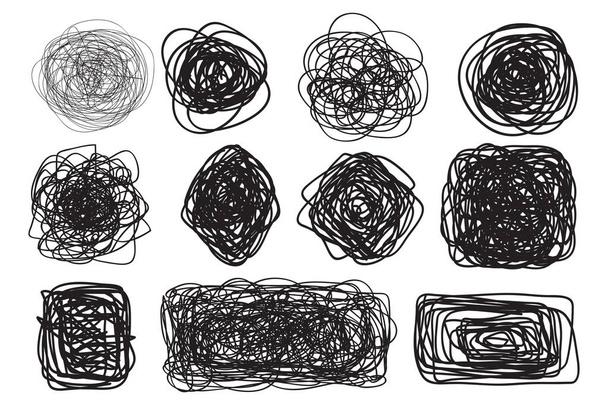 カオス デザインの図形。もつれたテクスチャを抽象化します。ランダムな混沌としたライン。手描き動直筆のサイン。黒と白のイラスト。ストライプの背景。普遍的なパターン。創造的な芸術 - ベクター画像