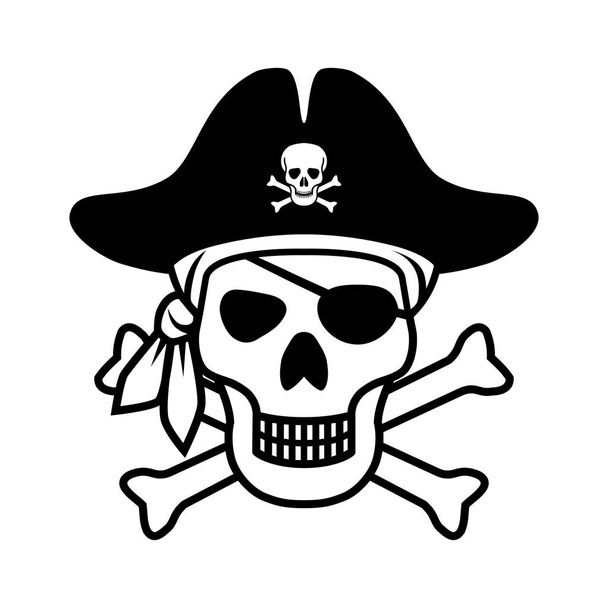 Символ Веселого Роджера. Иконный пиратский череп изолирован на белом фоне. Подпишите череп с банданой, пиратской шляпой и костями. Монохромная векторная иллюстрация
 - Вектор,изображение