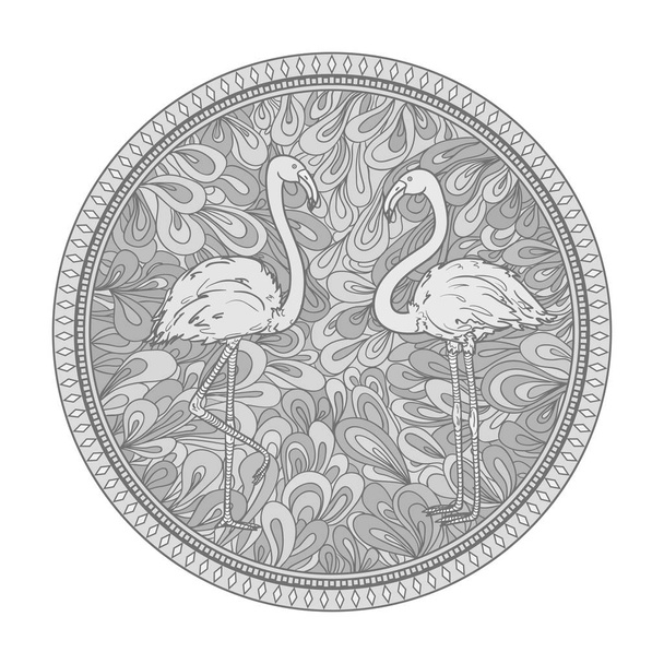 Circle zendala with flamingos on white. Birds. Zentangle. Hand drawn foliage mandala on isolated background. Design for spiritual relaxation for adults. Black and white illustration - Vector, Image