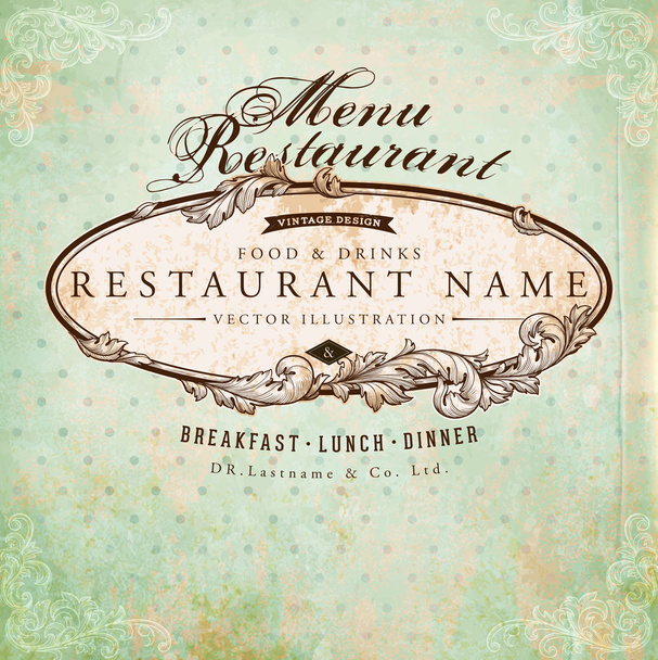 Restaurant label design with old floral frame for vintage menu design - Vecteur, image