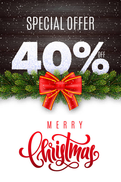 メリー クリスマスの文字。休日の販売の 40% オフ。Fir ガーランドと赤い弓と木の背景に雪の番号。限られた時間だけです。特別オファー - ベクター画像