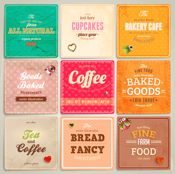 Set of retro bakery labels, ribbons and cards for vintage design, old paper textures - Vector, Image