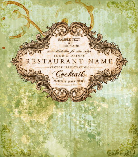 Restaurant label design with old floral frame for vintage menu design - Vector, imagen