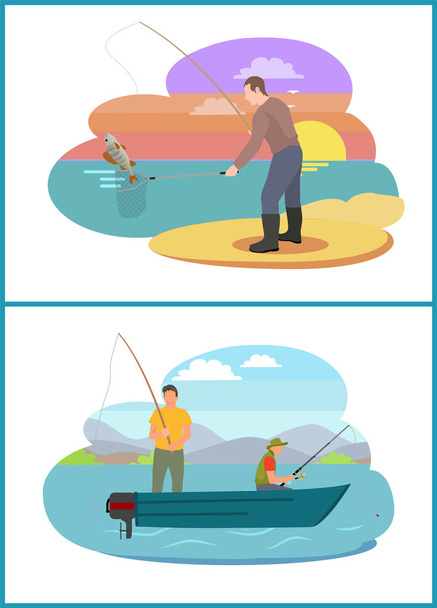 Fisherman Fishing from Motorboat and from Bank - Vector, Imagen