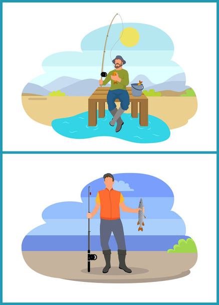 Fisherman Fishing from Platform and from Bank - Vector, Imagen