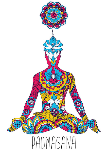 Padmasana. Una pose en yoga que abre el chakra Sahasrara. Silueta en estilo indio mehndi
. - Vector, Imagen