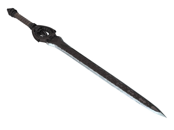 Dlouhý meč fantasy s velkým krytem na izolované bílém pozadí. 3D obrázek - Fotografie, Obrázek