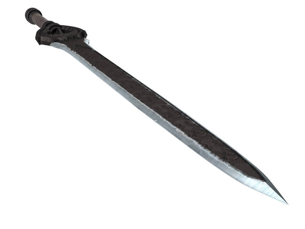 Dlouhý meč fantasy s velkým krytem na izolované bílém pozadí. 3D obrázek - Fotografie, Obrázek