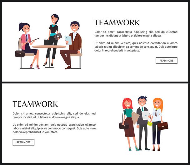 Teamwork-Werbeplakat mit jungen Mitarbeitern aufgestellt - Vektor, Bild