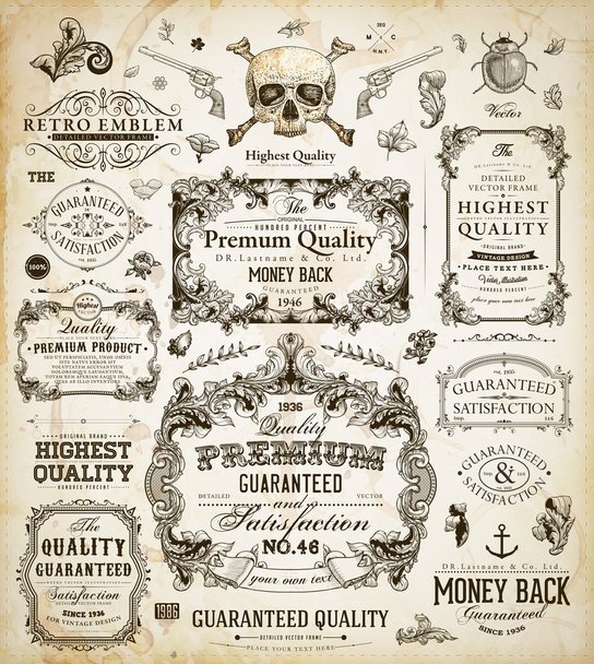 Векторний набір каліграфічних елементів дизайну: оздоблення сторінки, гарантія якості та задоволеності Етикетка, антикварні та барокові рамки
 - Вектор, зображення