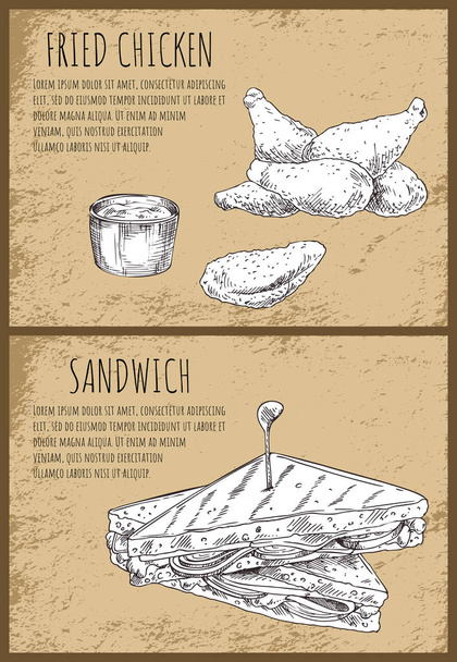 Fried Chicken and Sandwich Fast Food Graphic Art - Vektör, Görsel