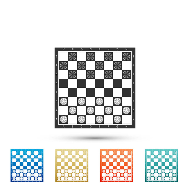 Juego de mesa de damas icono aislado sobre fondo blanco. Antiguo juego de mesa intelectual. Tablero de ajedrez. Patatas blancas y negras. Establecer elementos en iconos de colores. Diseño plano. Ilustración vectorial
 - Vector, imagen