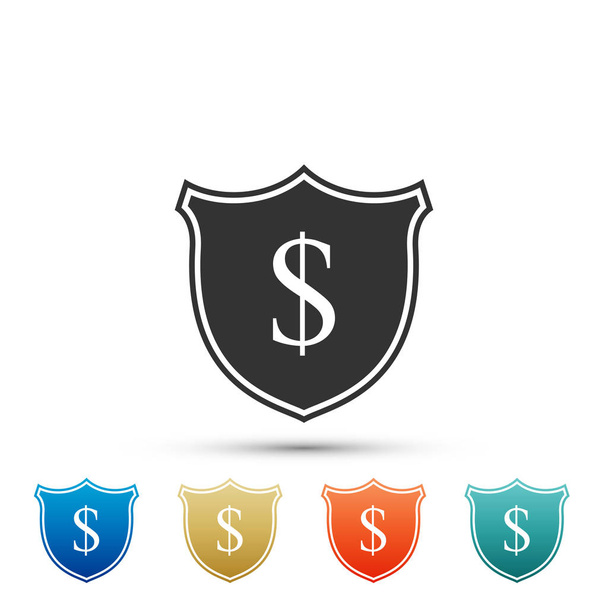 Shield and dollar icon isolated on white background. Security shield protection. Money security concept. Set elements in colored icons. Flat design. Vector Illustration - Vector, Image