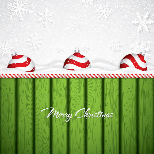 grüne Weihnachten Design mit roten Kugeln auf schneebedecktem Hintergrund, Vektor-Illustration - Vektor, Bild