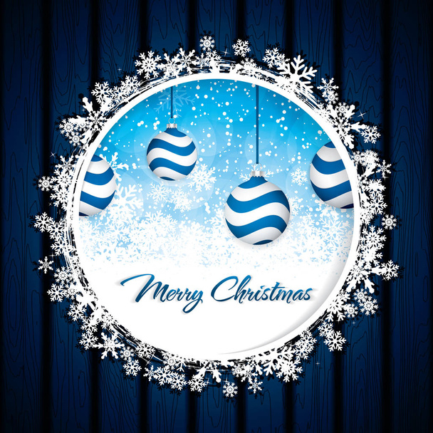 Blue Christmas design with balls on snowy background, vector illustration - Vector, Image