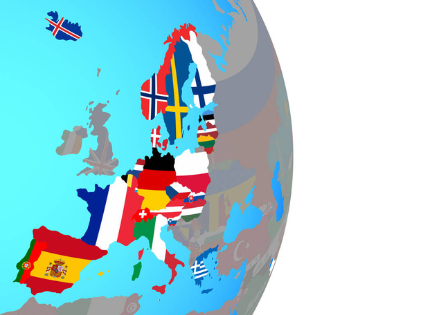 Schengen Area members with national flags on simple political globe. 3D illustration. - Valokuva, kuva
