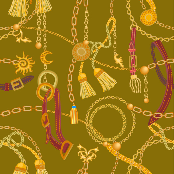 Luxurious print with chains, straps and pendants. - ベクター画像