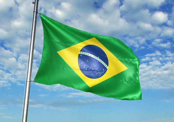 Bandera de Brasil ondeando sobre asta de la bandera con cielo sobre fondo ilustración 3D realista
 - Foto, Imagen
