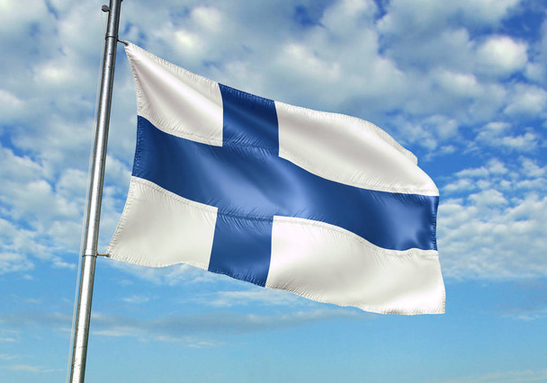 Фінляндія прапор махав на флагштока з неба на тлі реалістичний 3d ілюстрація - Фото, зображення