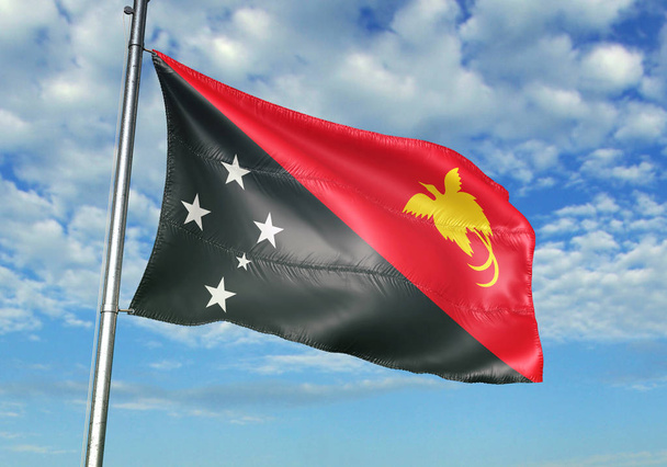Papua New Guinea flag waving on flagpole with sky on background realistic 3d illustration - Photo, Image
