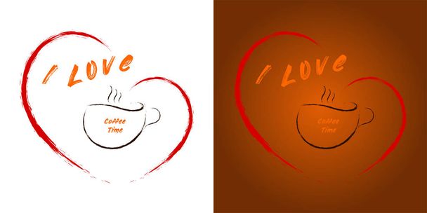 Ik hou van koffie tijd. Rood hart geschilderd met een borstel. Een kopje koffie in het hart met de woorden: koffie tijd. Afbeeldingen op een bruine achtergrond. - Vector, afbeelding