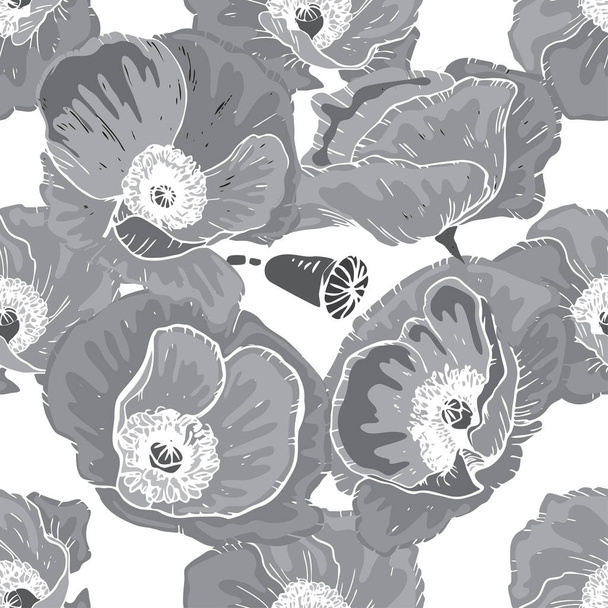 Monochrome seamless floral pattern. Beautiful and big poppy flower buds on a white. Abstract hand drawn vector background - Вектор, зображення