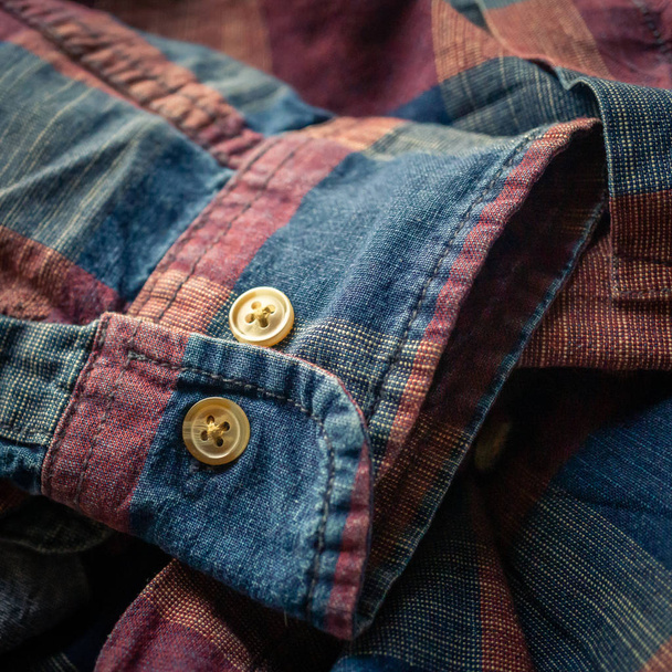 close up details of red and blue checkered shirt - Foto, Bild