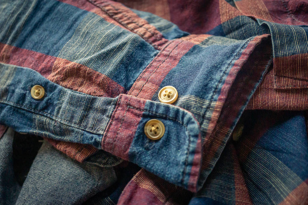 close up details of red and blue checkered shirt - Foto, immagini
