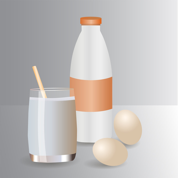 Garrafa de leite, vidro e ovos
 - Vetor, Imagem