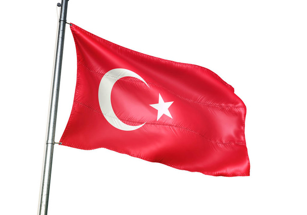 Türkiye'de Türk bayrakları sallayarak beyaz arka plan üzerinde gerçekçi 3d illüstrasyon izole  - Fotoğraf, Görsel