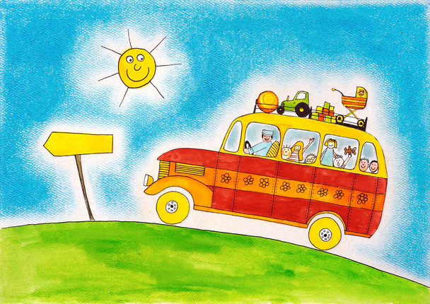 Viaje en autobús escolar, dibujo infantil, pintura acuarela sobre papel
 - Foto, imagen