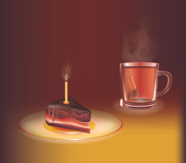 Cup of tea with a piece of cake - Vector, Image