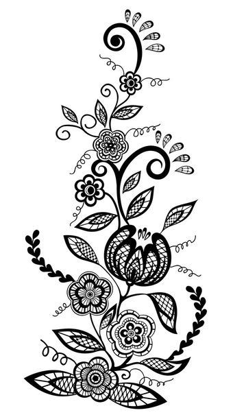 Beautiful floral element. Black-and-white flowers and leaves design element with imitation guipure embroidery. - Vector, Image