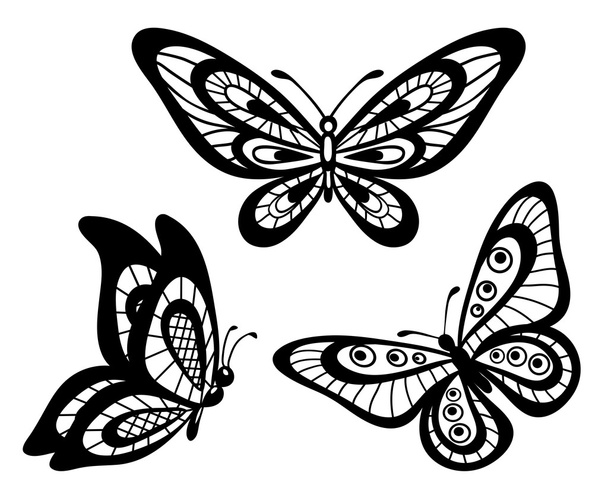 set of beautiful black and white guipure lace butterflies - Вектор, зображення