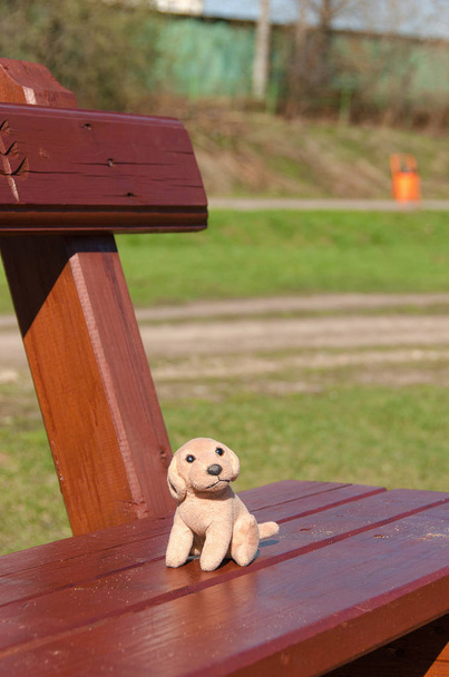 O brinquedo esquecido em um banco da pequena cidade de crianças
 - Foto, Imagem