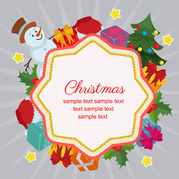 Hallo kerst met sneeuwpop geschenk doos decoratie - Vector, afbeelding