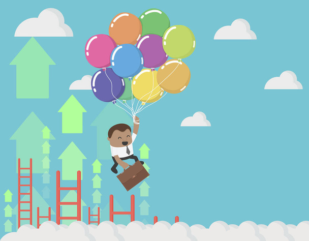 Αφρικανική επιχειρηματίας κρατώντας μπαλόνια στον ουρανό, σχέδιο επιτυχίας - Διάνυσμα, εικόνα