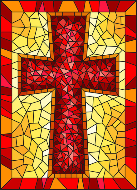 The illustration in stained glass style painting on religious themes, stained glass window in the shape of a red Christian cross , on a yellow background with  frame - Vector, Image