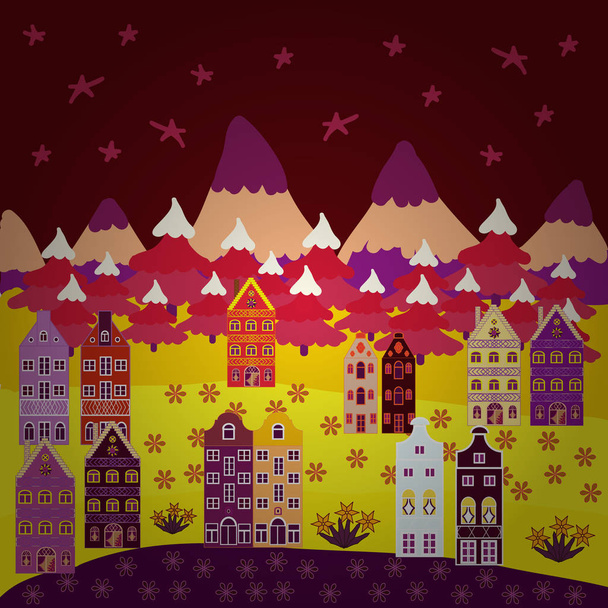 Christmas illustration on red, yellow and purple colors. Winter. Lonely house on a hill. Mountain landscape. Cloudy winter landscape. Vector. - Vector, Image